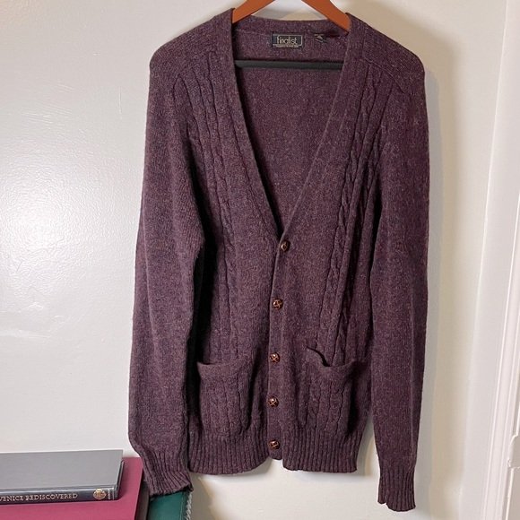 Finalist Vintage Shetland Wool Purple Cable Knit Accent Cardigan Sweater Sz L - Picture 1 of 11